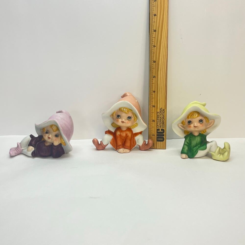 homco pixie elf/fairy figurines set one is cracked 70s‎ 80s whimsy